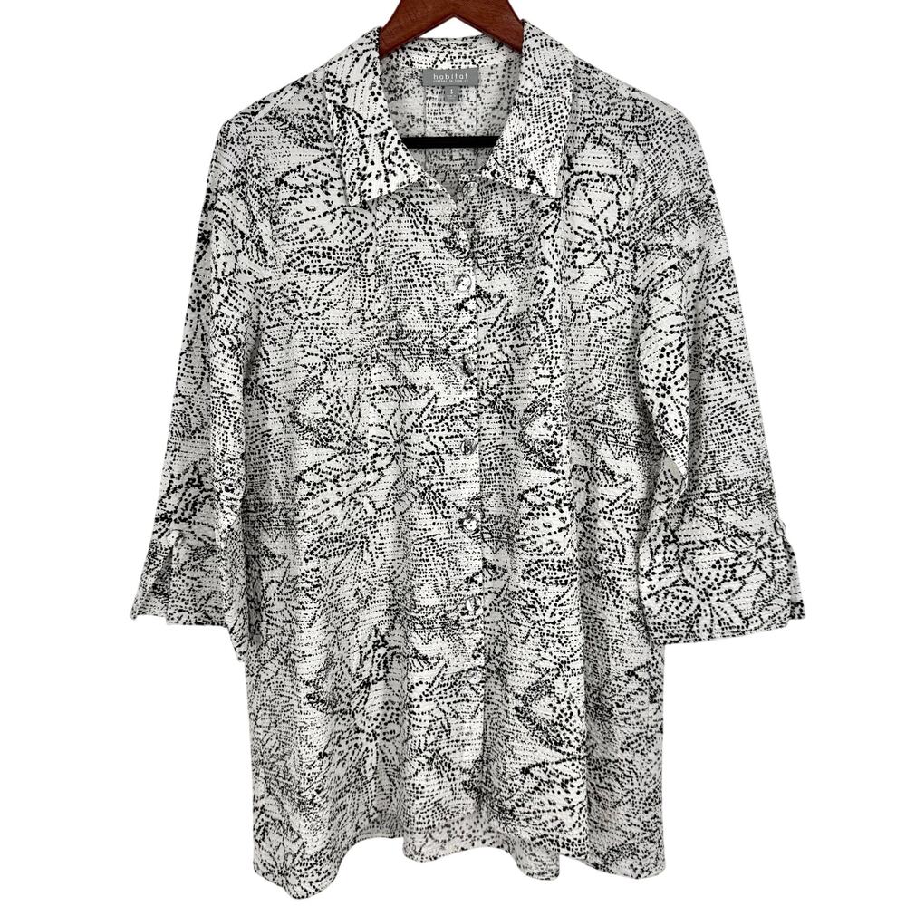 NEW NWOT Habitat Sz Small White Black Artsy Wearable Art Blouse Shirt Top